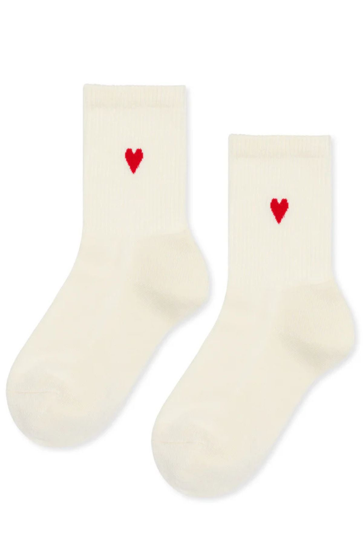 The HEART SPORTY CREW SOCKS BY HANSEL FROM BASEL are cream-colored mercerized cotton socks from Hansel From Basel, featuring small red heart designs near the top for a unique, delicate touch.-40434402689217