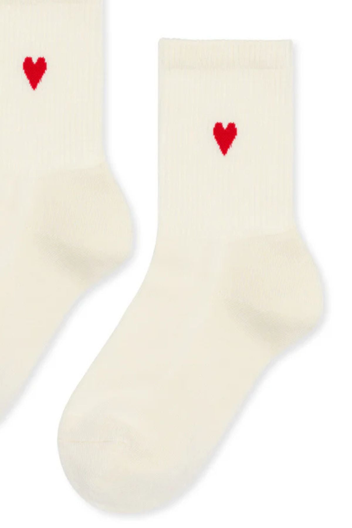 HEART SPORTY CREW SOCKS BY HANSEL FROM BASEL: Off-white mercerized cotton crew socks by Hansel From Basel, featuring a ribbed cuff and a small red heart near the top.-40434402721985