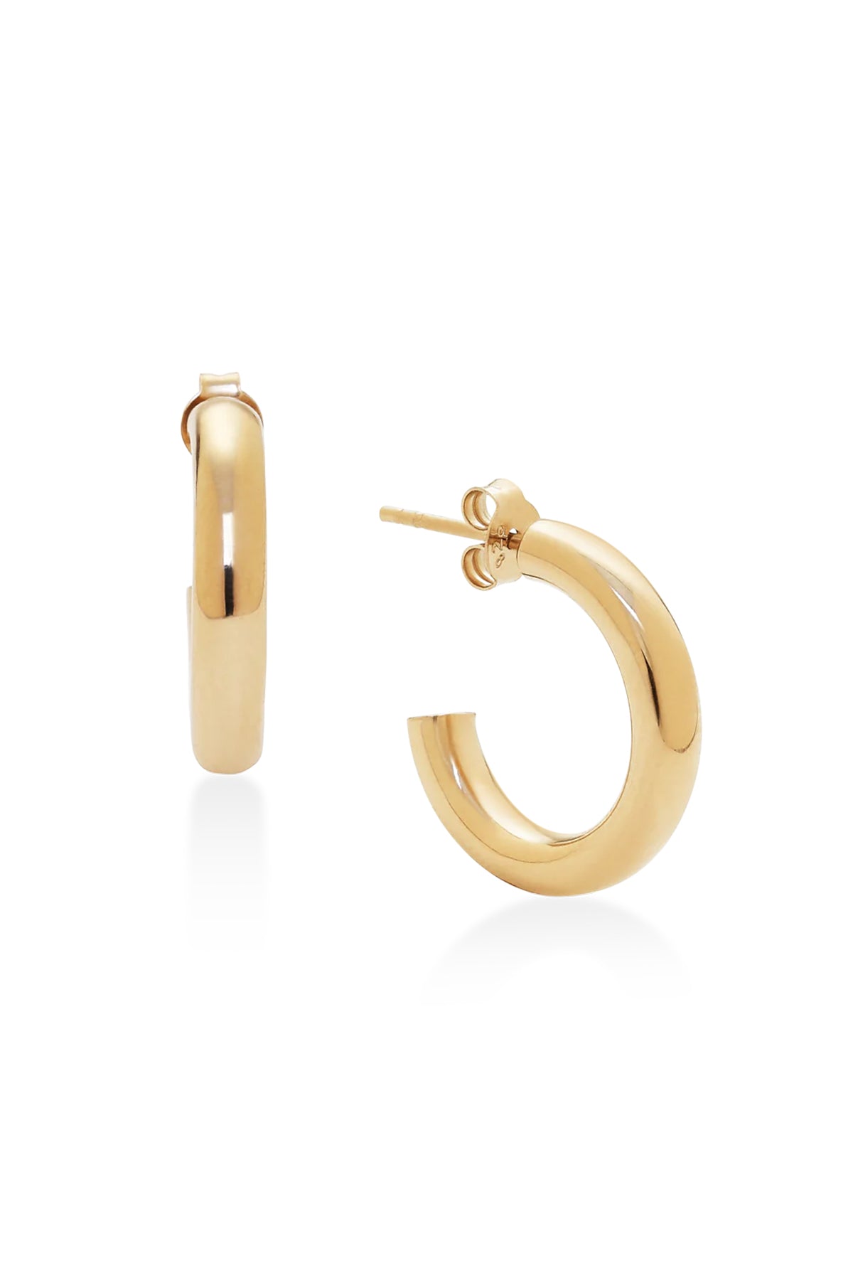   A pair of MINI HOT HOOPS BY PHYLLIS AND ROSIE with a polished finish, showcased from front and side views, capturing the essence of New York City jewelry by Phyllis+Rosie. 