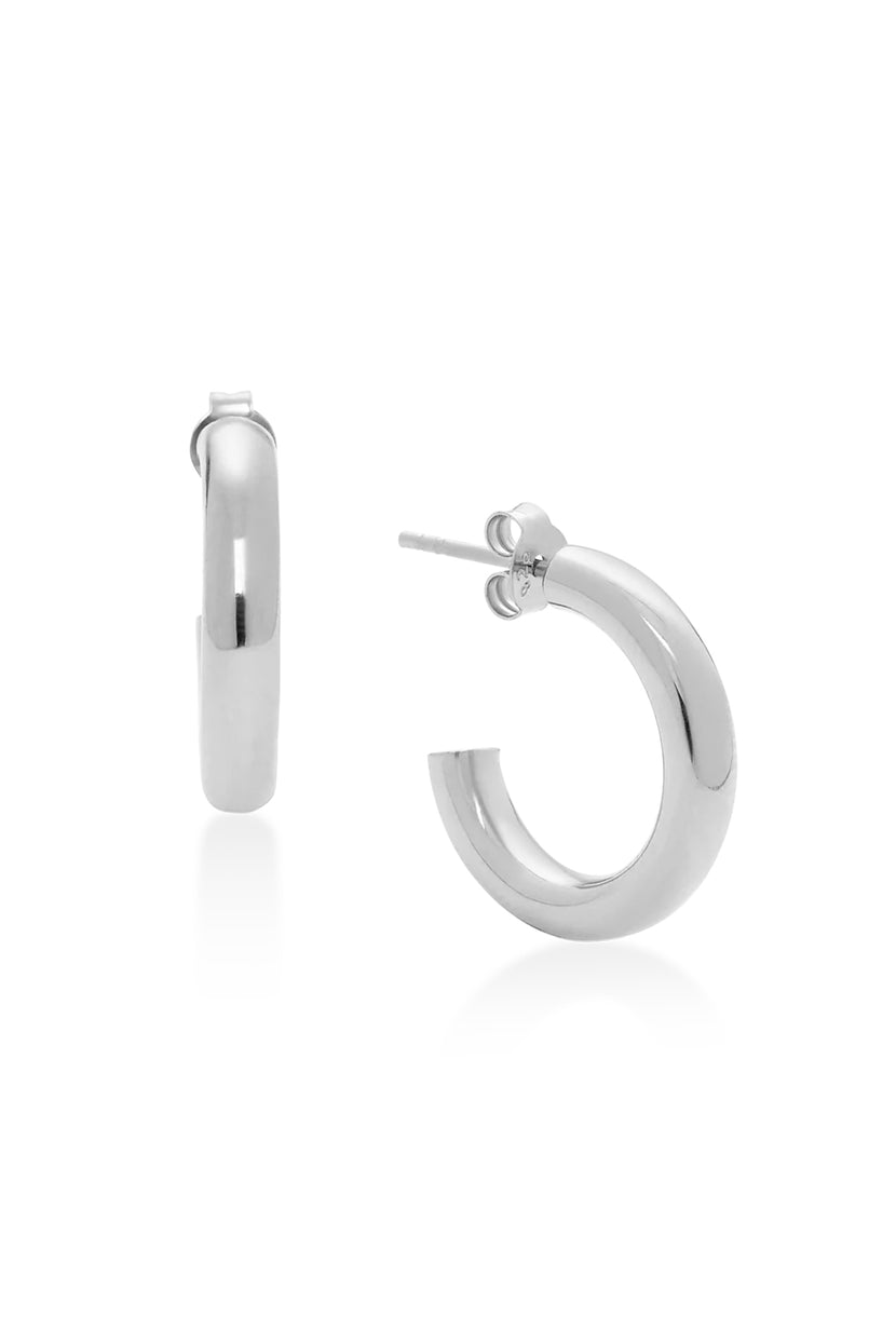 Front and side views of Mini Hot Hoops by Phyllis and Rosie showcasing polished silver hoops with stud backs on white background