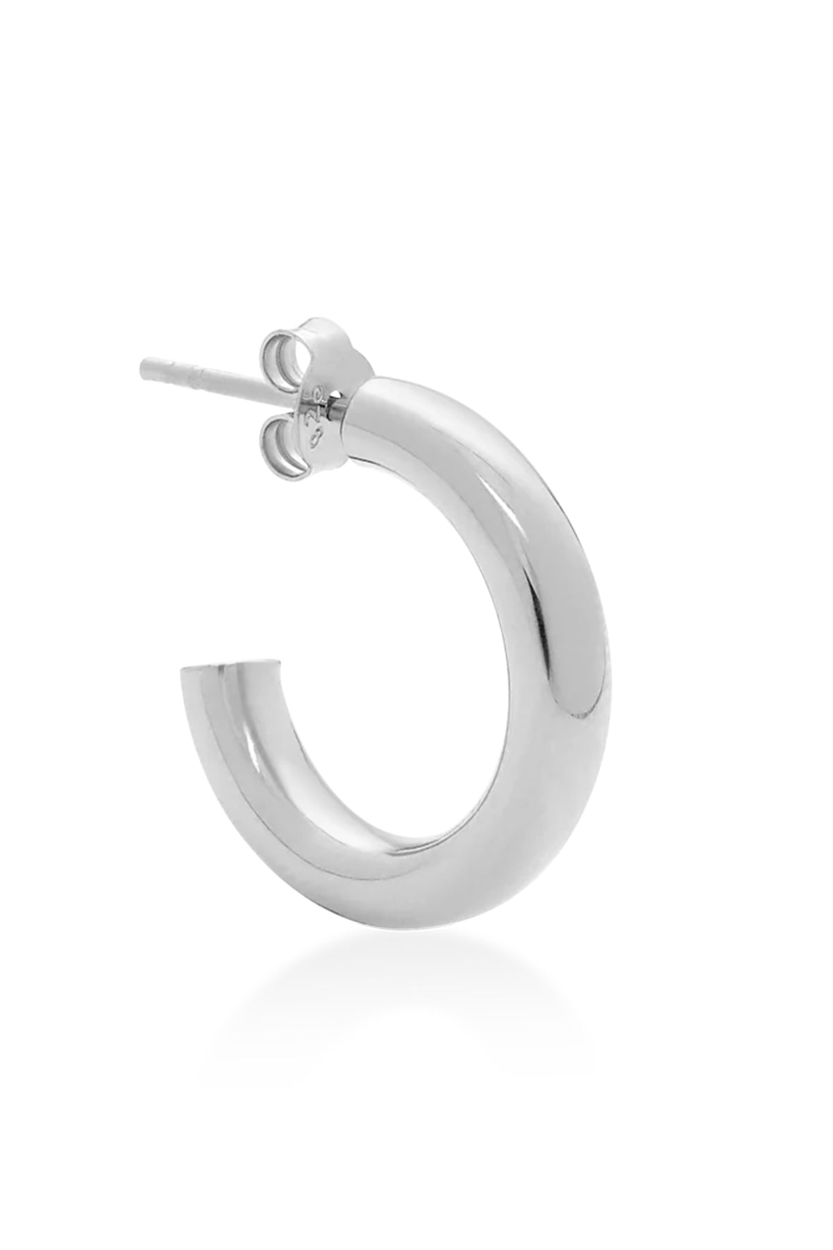 The MINI HOT HOOPS BY PHYLLIS AND ROSIE from Phyllis+Rosie, a single silver hoop earring with a stud back and reminiscent of New York City jewelry style, displayed on a white background.-37832659534017