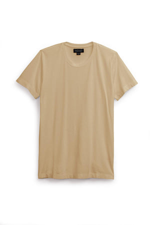 The HOWARD TEE by Velvet by Graham & Spencer, a plain beige Pima cotton short-sleeve T-shirt with a round neckline, is displayed against a white background.