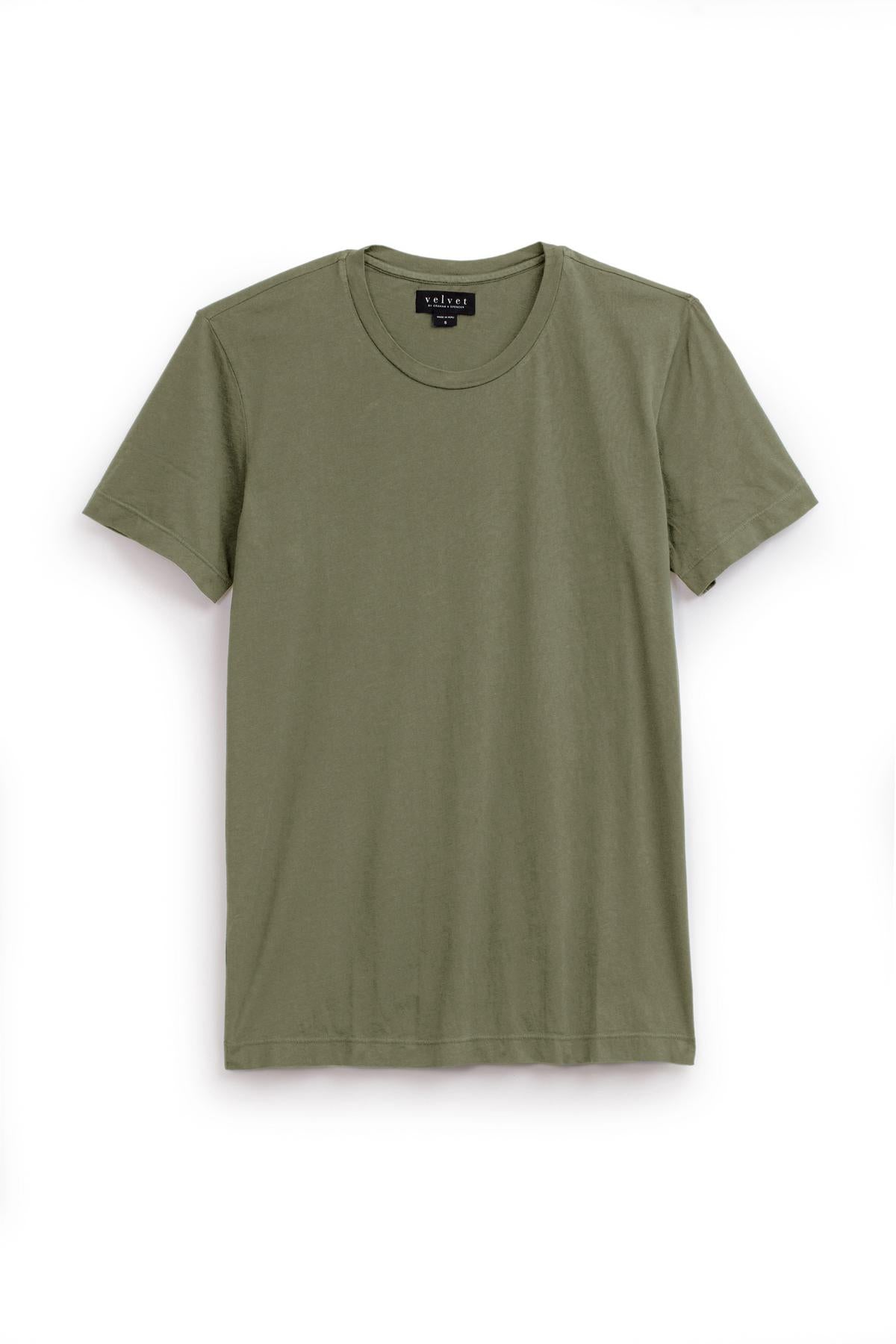   A plain olive green short-sleeved T-shirt with a crew neck, crafted from lightweight cotton knit for a perfect fit, displayed against a white background: the HOWARD TEE by Velvet by Graham & Spencer. 