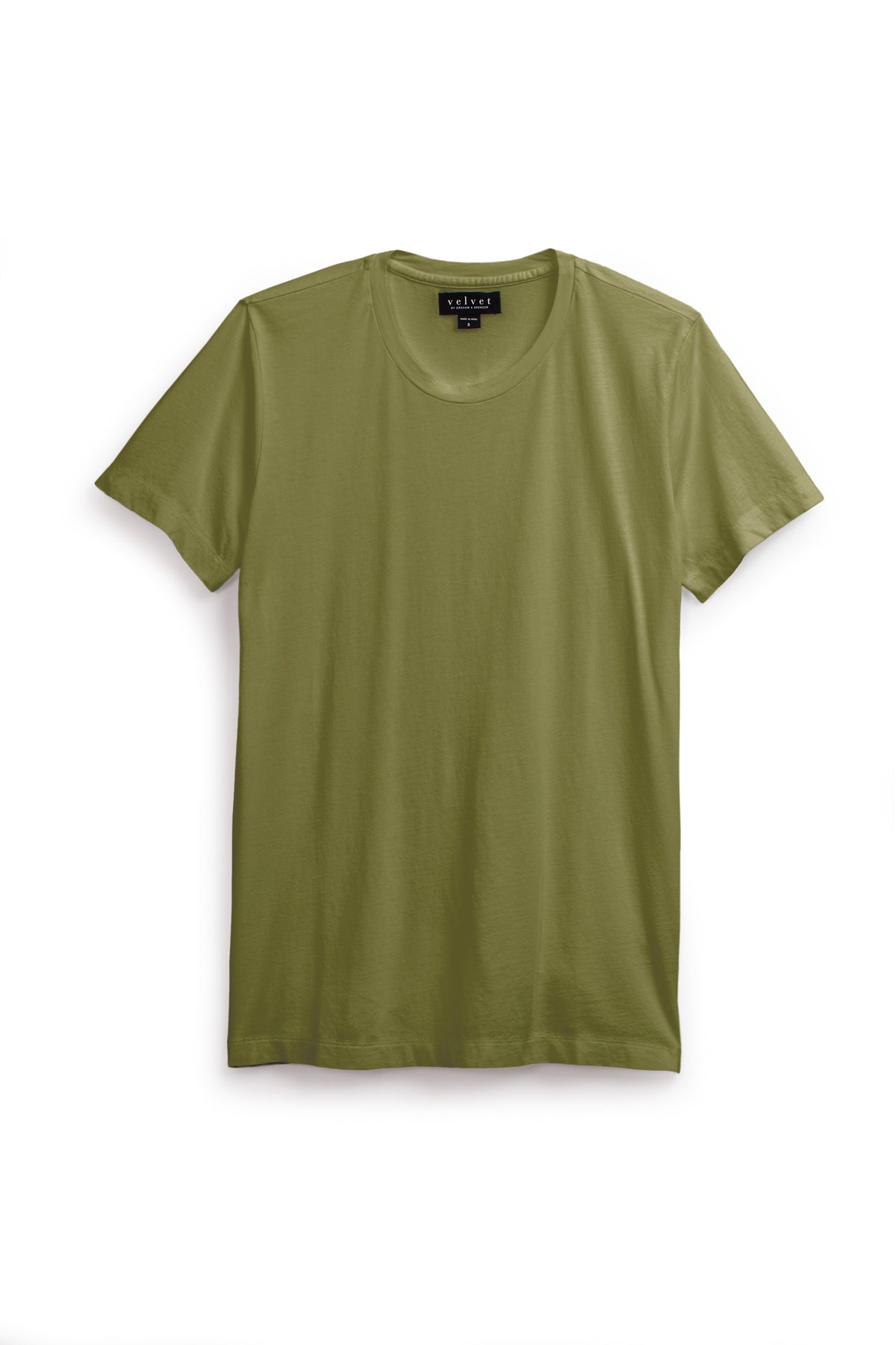 The HOWARD TEE by Velvet by Graham & Spencer, a plain olive green short-sleeve crew neck made from lightweight Pima jersey for a vintage feel and perfect fit, is shown laid flat on a white background.-39489495859393