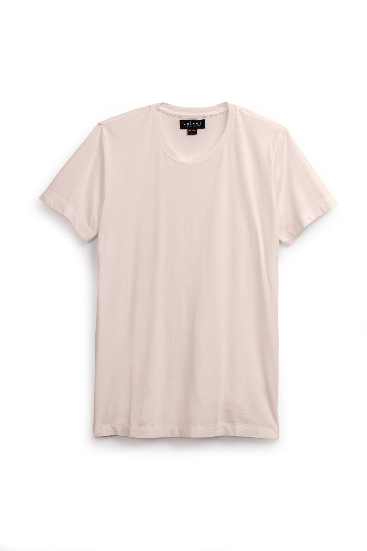 The HOWARD TEE by Velvet by Graham & Spencer is a light beige, short-sleeve Pima jersey T-shirt with a round neckline and soft vintage feel, shown flat on a white background.-39226010271937