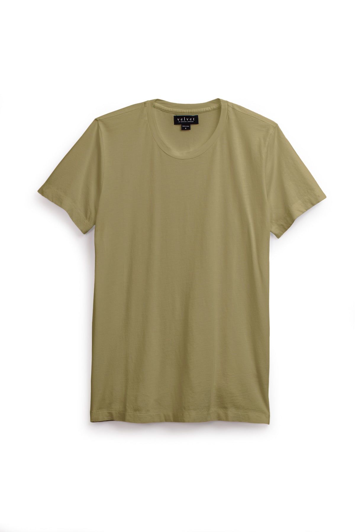 The HOWARD TEE by Velvet by Graham & Spencer is a short-sleeved, light olive green Pima jersey T-shirt with a vintage feel, shown laid flat on a white background.-39680488538305