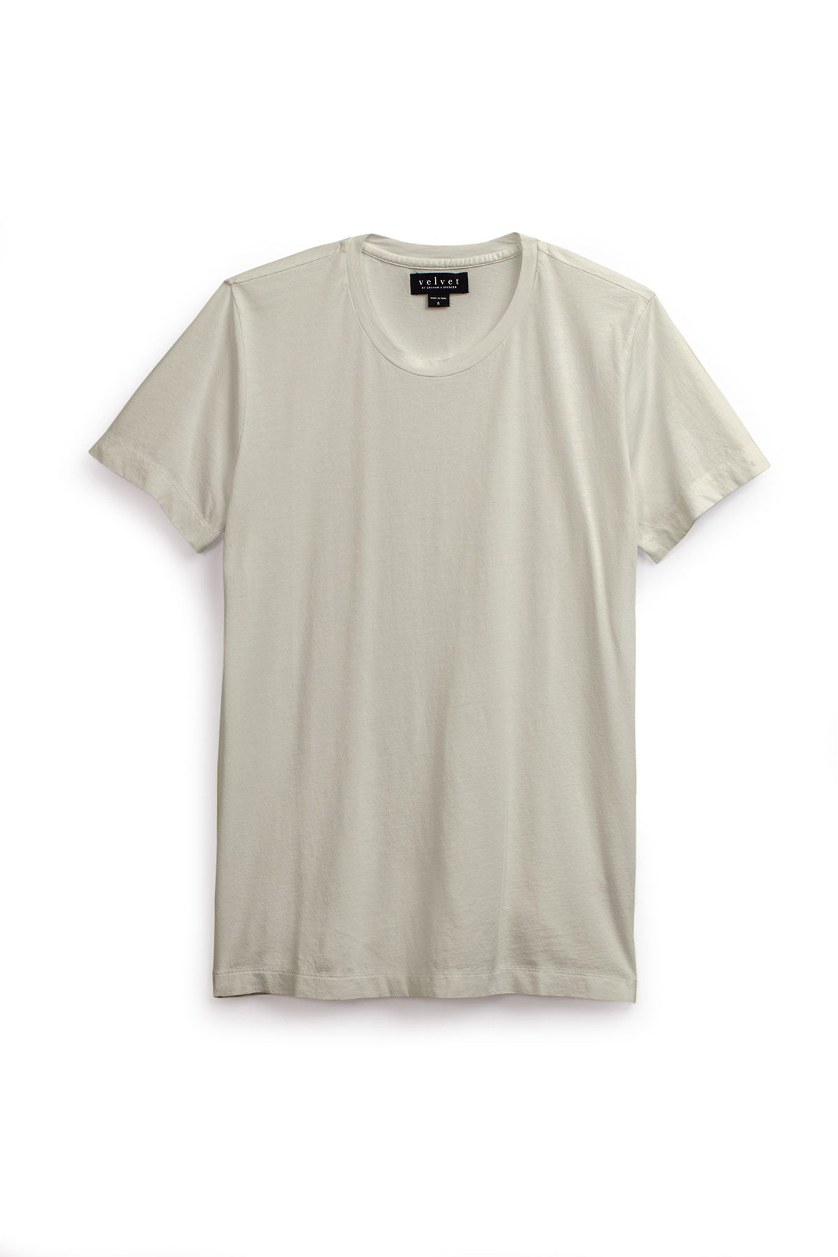 The HOWARD TEE by Velvet by Graham & Spencer, a soft Pima jersey crew neck with short sleeves in light beige, is laid flat on a white background.-39226010206401