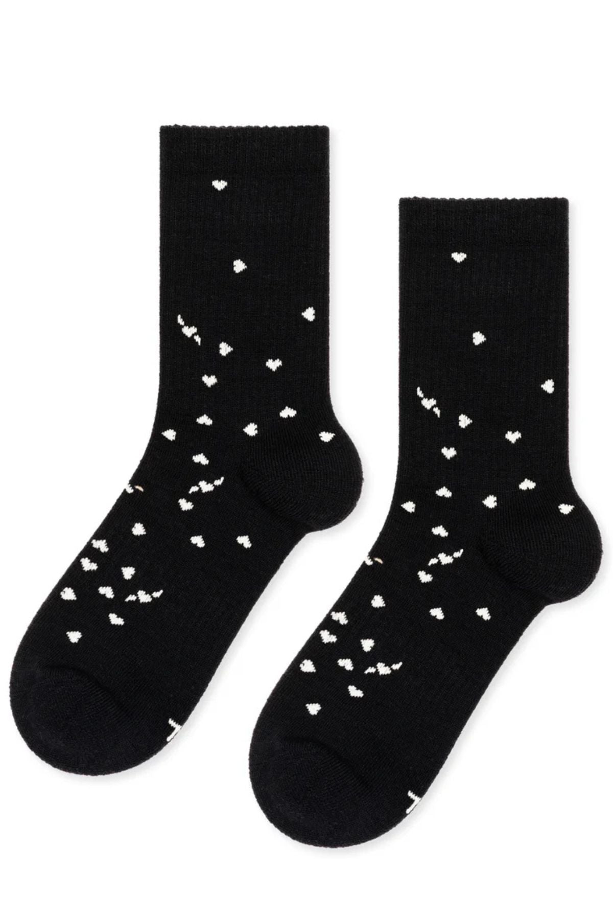 The IMI Athletic Wool Crew Socks by Hansel From Basel are black crew socks featuring small white heart patterns scattered across the fabric.-40434425135297