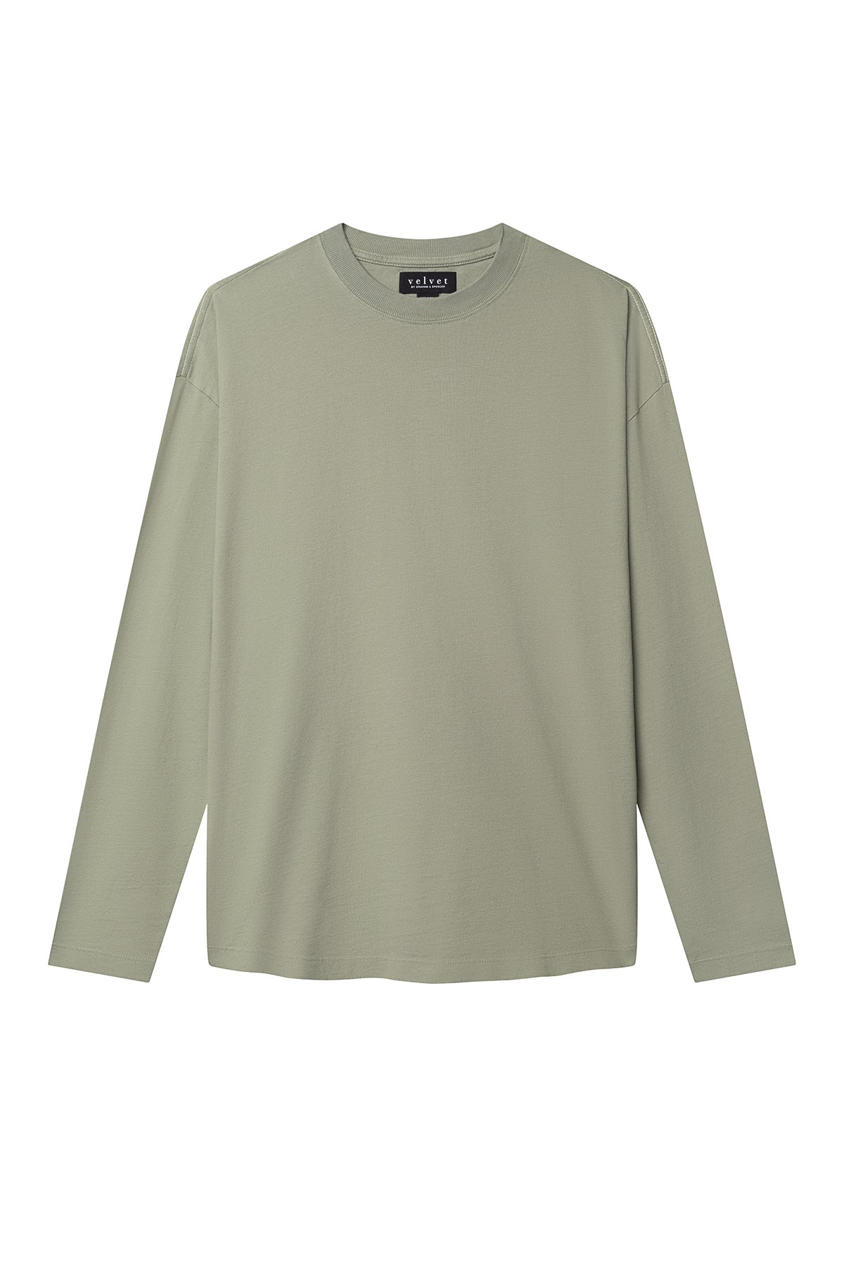   The SLATER TEE by Velvet by Graham & Spencer is a versatile addition to any wardrobe, featuring a plain long-sleeve design, sage green color, and relaxed fit against a white background. 