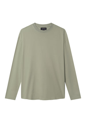 The SLATER TEE by Velvet by Graham & Spencer is a versatile addition to any wardrobe, featuring a plain long-sleeve design, sage green color, and relaxed fit against a white background.