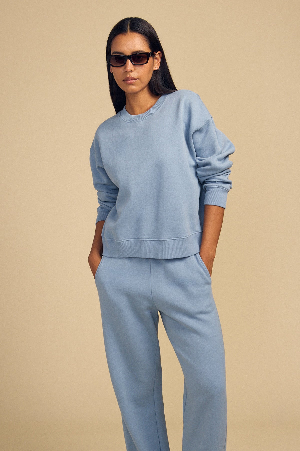 Person wearing a light blue cotton fleece sweatshirt and relaxed fit ZARA SWEATPANT by Velvet by Graham & Spencer, hands in pockets, standing against a beige background with sunglasses.