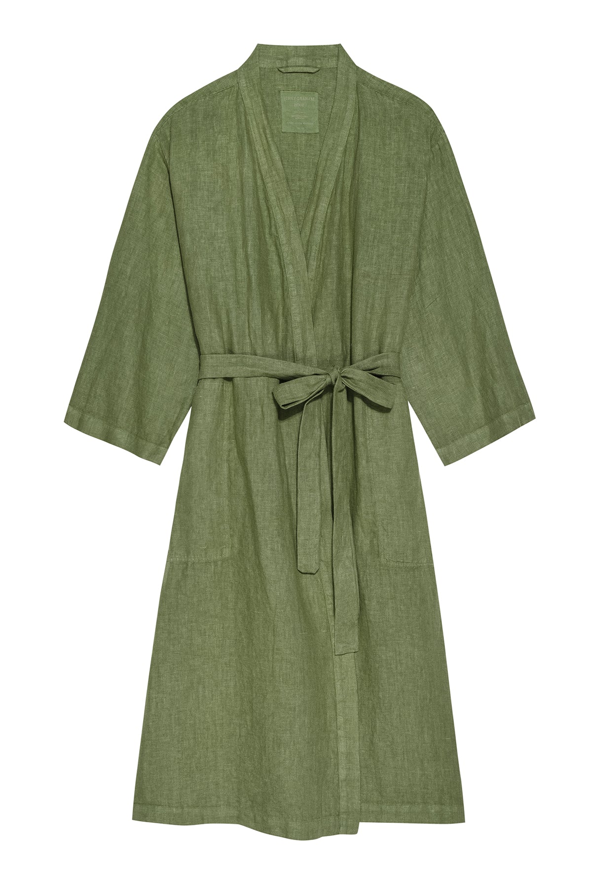 Jenny Graham Linen Robe in basil green flat shot-26310943408321