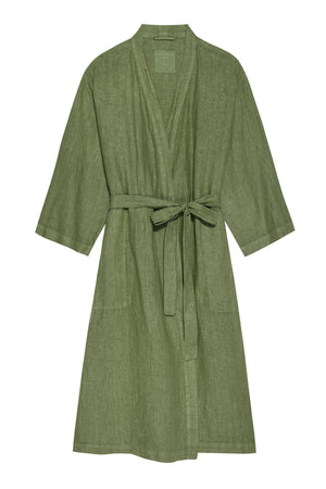 Jenny Graham Linen Robe in basil green flat shot