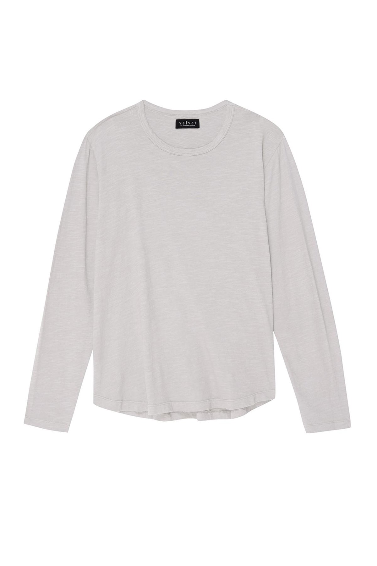   A plain, long-sleeve light gray shirt on a white background, featuring a classic crew neckline and labeled with 