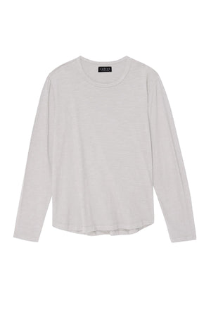 A plain, long-sleeve light gray shirt on a white background, featuring a classic crew neckline and labeled with 