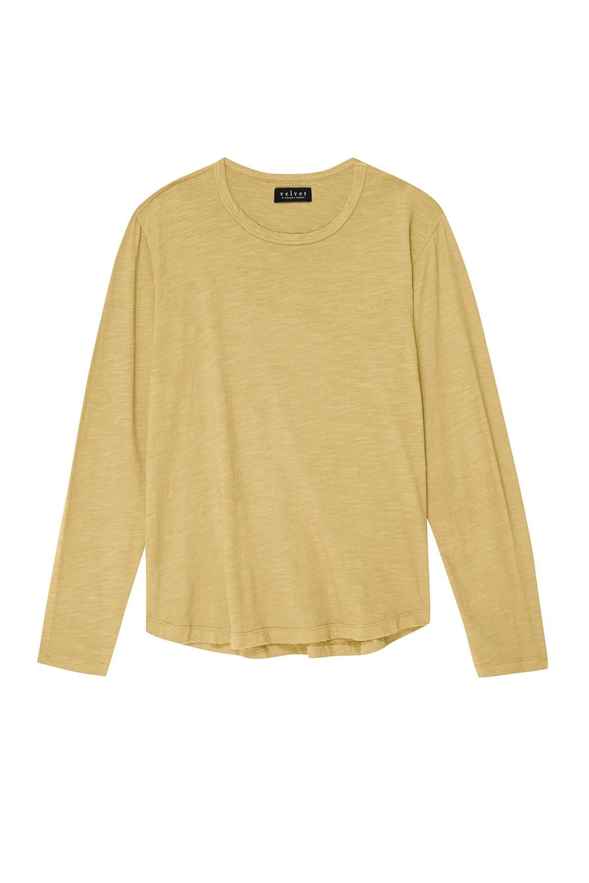 The KAI TEE by Velvet by Graham & Spencer is a plain, long-sleeve Peruvian cotton top in light yellow with a classic crew neckline, shown against a white background.-39957109145793