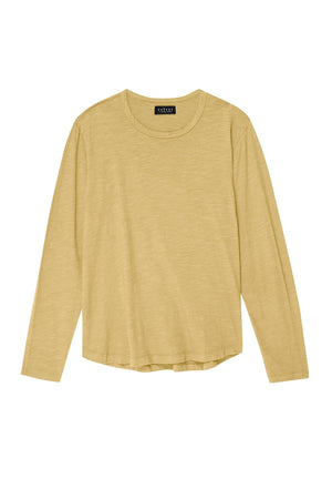 The KAI TEE by Velvet by Graham & Spencer is a plain, long-sleeve Peruvian cotton top in light yellow with a classic crew neckline, shown against a white background.