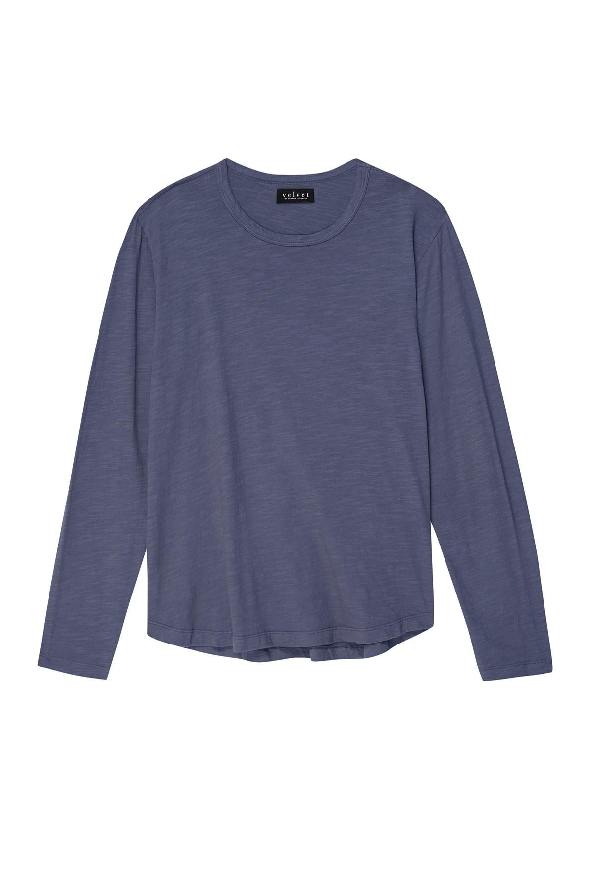 This KAI TEE by Velvet by Graham & Spencer boasts a crew neckline and is made from plush Peruvian cotton, presenting an elegant long-sleeve design in dark blue, perfectly showcased against a pristine white background.-38448283680961