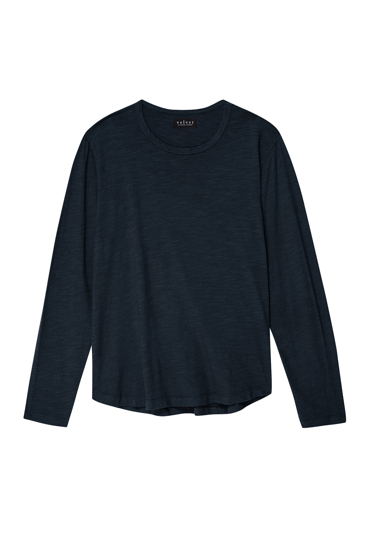   A plain, long-sleeved, dark blue shirt made from textured cotton slub by Velvet by Graham & Spencer is displayed against a white background. The product is called KAI TEE. 