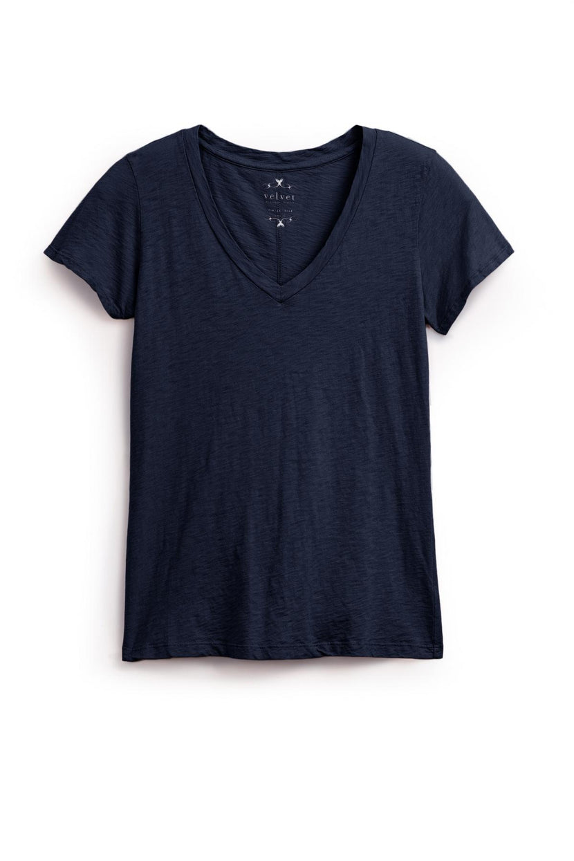 A plain, dark blue LILITH TEE by Velvet by Graham & Spencer made from luxurious cotton slub, featuring short sleeves and a flattering fit, laying flat on a white background.