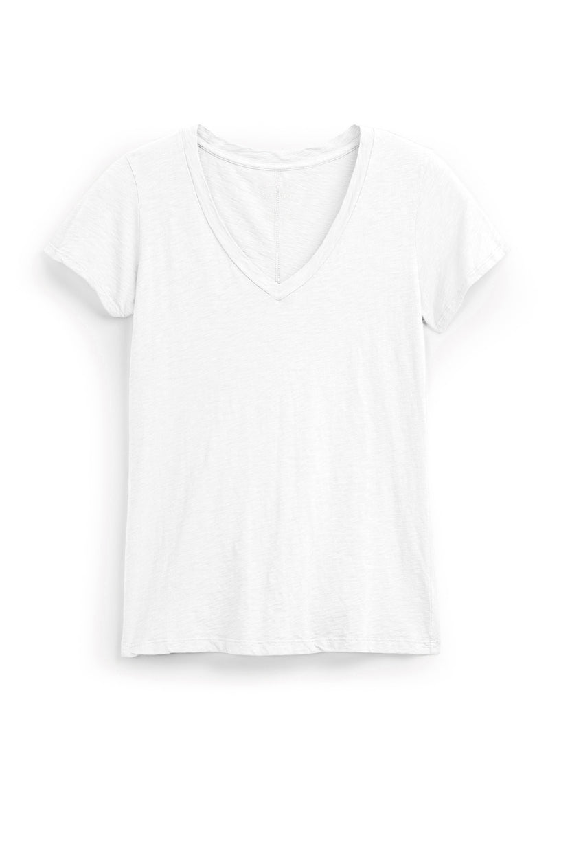 A plain white LILITH TEE by Velvet by Graham & Spencer with short sleeves, made from luxurious cotton slub, laid flat against a white background.