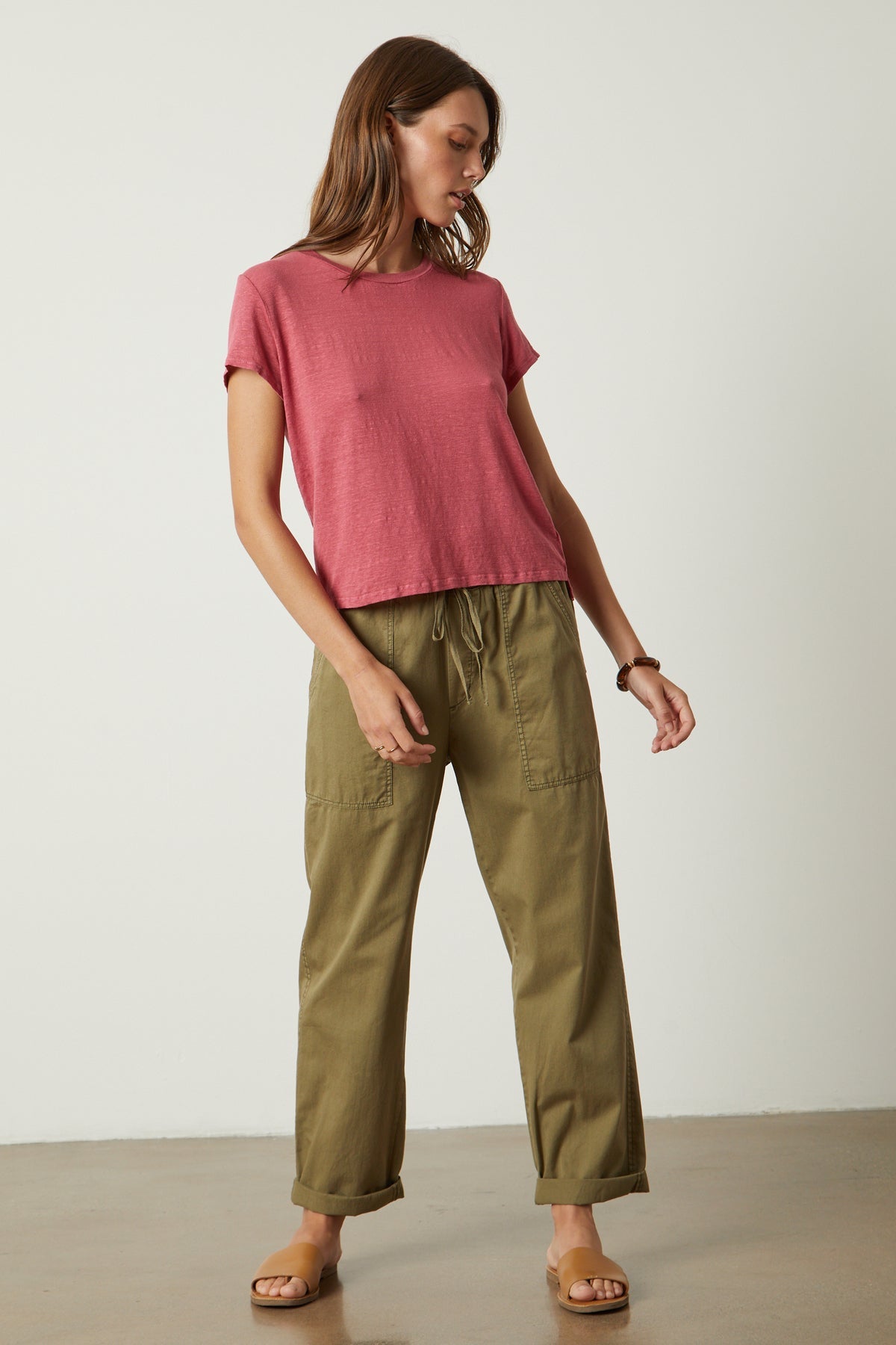 Misty Pant in forest twill and Casey Tee in Calypso dark pink full length front-26496414548161