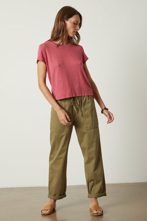 Misty Pant in forest twill and Casey Tee in Calypso dark pink full length front