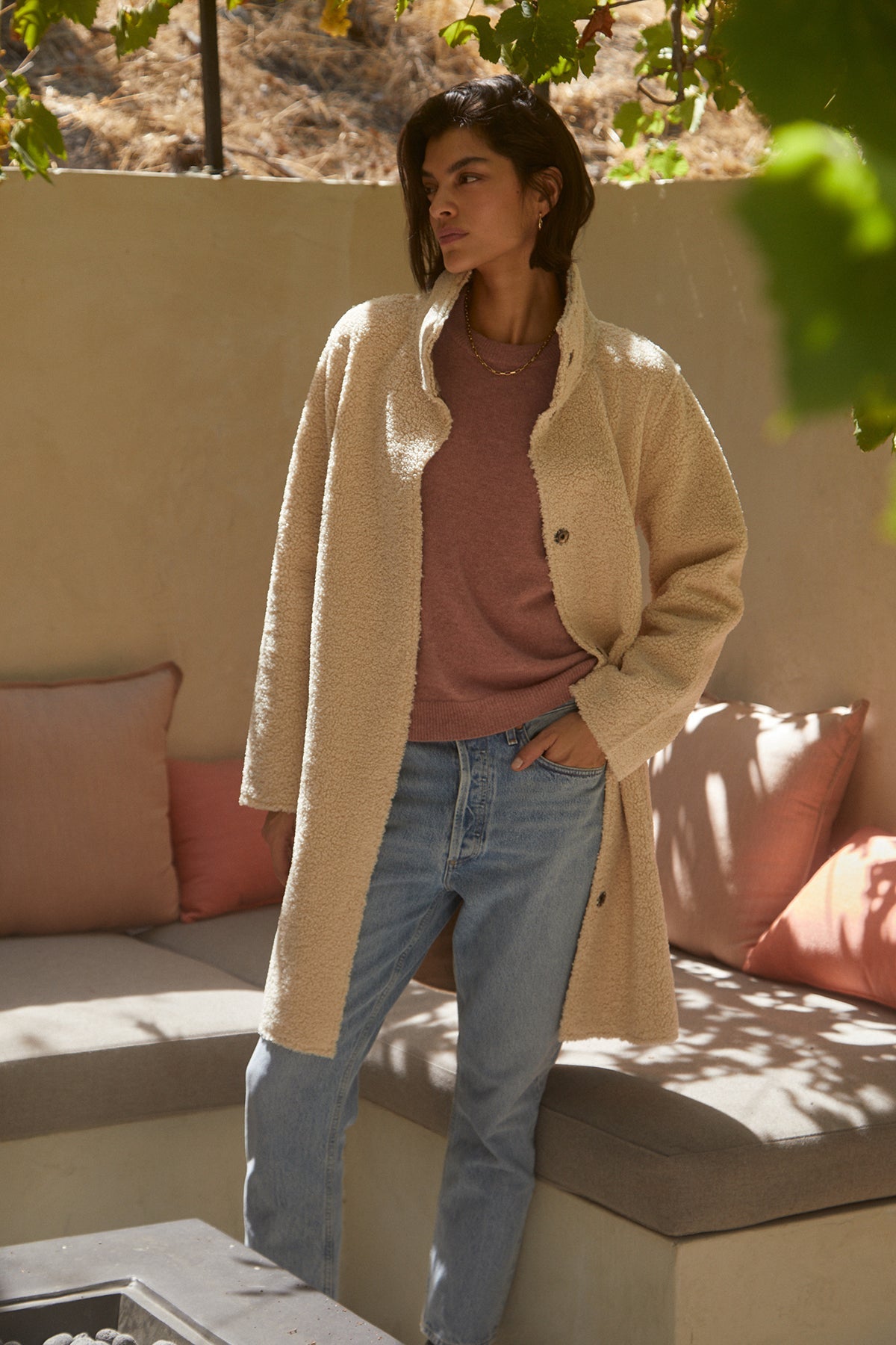   Mirabel Faux Lux Sherpa Reversible Coat in sand with Brynne sweater, light denim and gold necklace front. 
