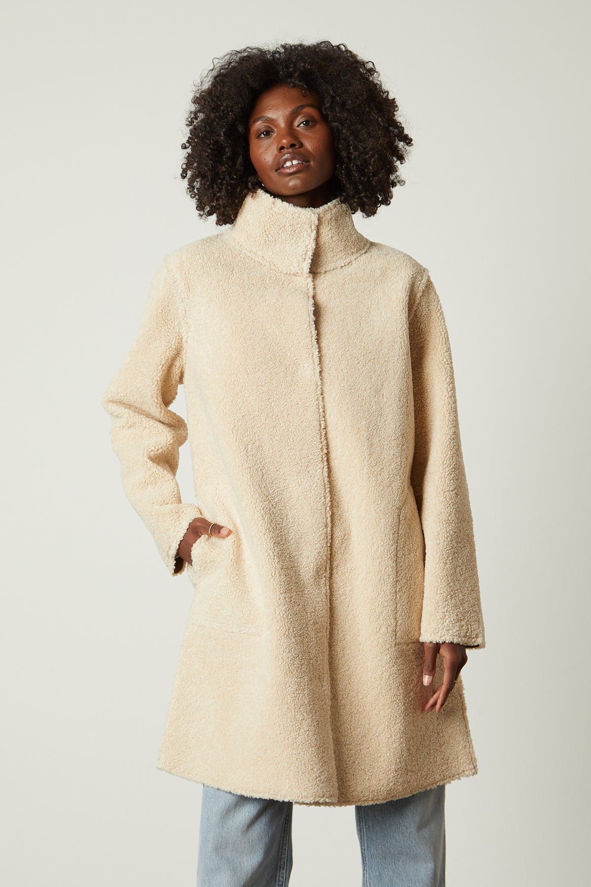 Mirabel Faux Lux Sherpa Reversible Coat in Sand Front-26683698053313