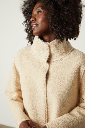 Mirabel Faux Lux Sherpa Reversible Coat in Sand Front Detail