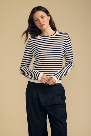 Front view of ROXY Luxe Cotton Cashmere Crew Neck Sweater on model, showing navy and white stripes