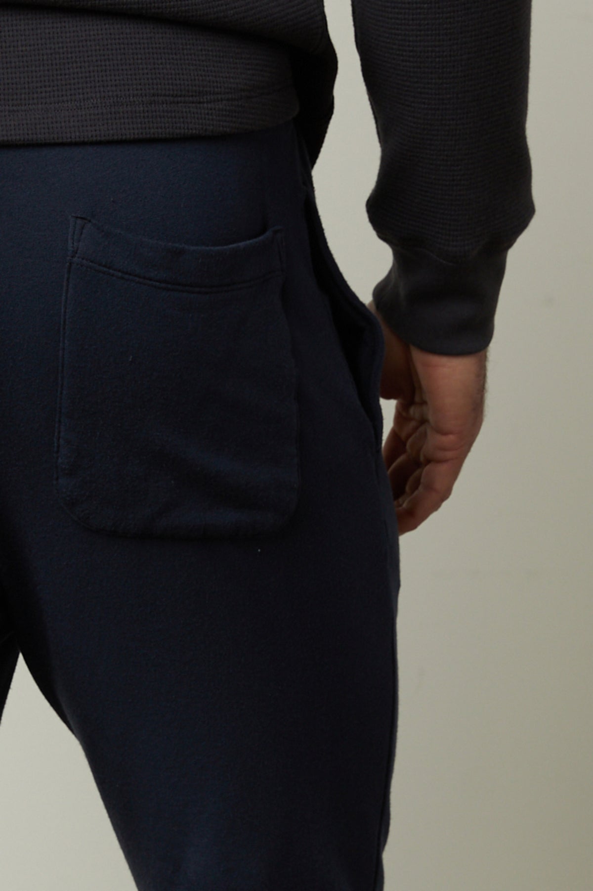 The back view of a man wearing Velvet by Graham & Spencer's CROSBY LUXE FLEECE JOGGER for workouts.-35662741274817
