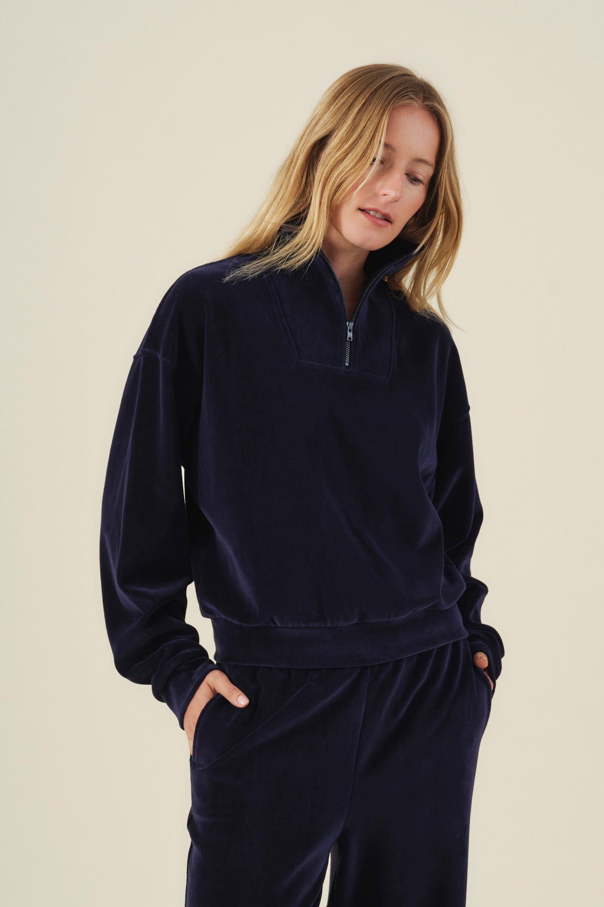DANICA VELOUR HALF-ZIP SWEATSHIRT in navy blue velour featuring a mock neck, long sleeves, and a half-zip closure.-46488235049153