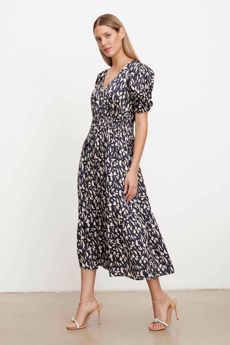 LYUDA PRINTED SATIN V-NECK MIDI DRESS – Velvet by Graham & Spencer