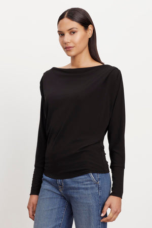 The Velvet by Graham & Spencer BESS BOATNECK TOP in black.