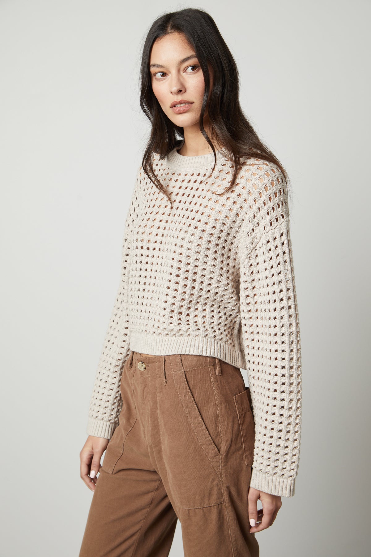   The model is wearing a SAMMIE MESH KNIT CREW NECK SWEATER by Velvet by Graham & Spencer and tan pants. 