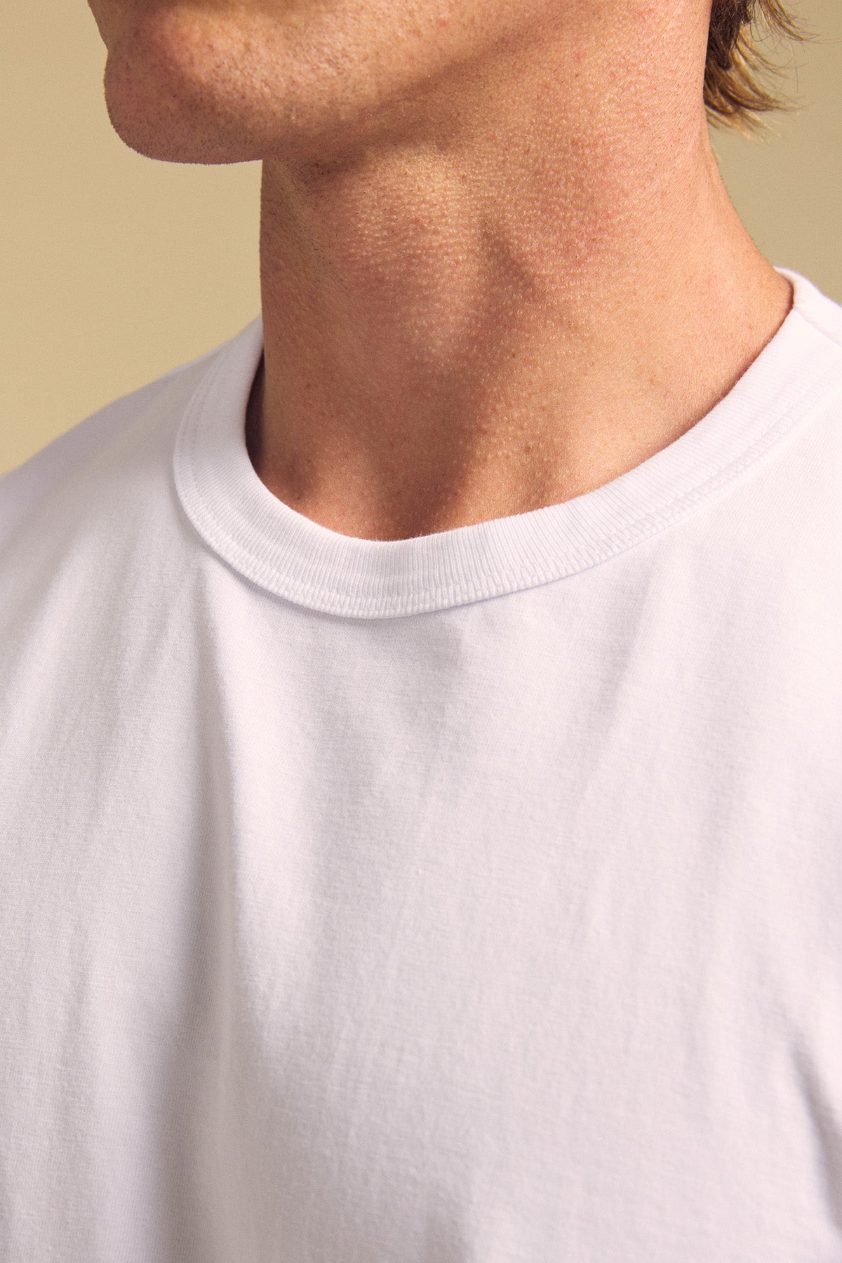 A close-up of a person's neck and shoulder wearing the WELLS TEE by Velvet by Graham & Spencer, a relaxed fit tee crafted from plain white Pima cotton, set against a neutral background.