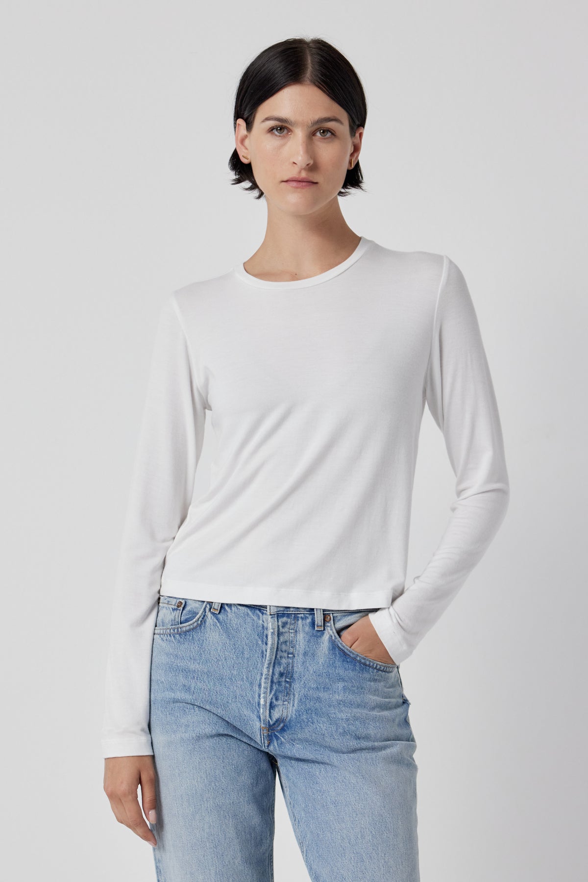 Slimmer fit, white long sleeve PACIFICA TEE with rib knit, by Velvet by Jenny Graham.-35416710611137
