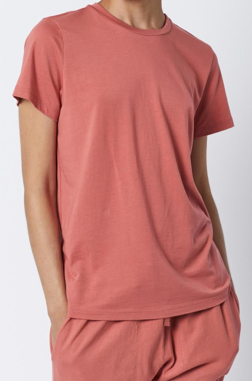   A woman wearing a Velvet by Jenny Graham SOLANA TEE, a soft modal jersey pink t-shirt with a tailored finish. 