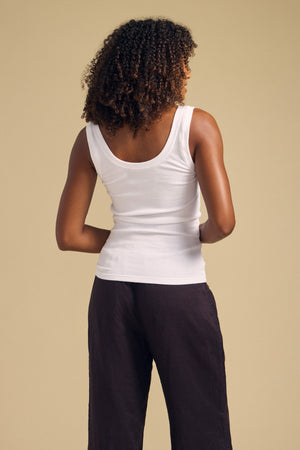 A person stands with their back to the camera, wearing the MOLLY TANK TOP by Velvet by Graham & Spencer—a white ribbed tank top with a fitted silhouette—paired with loose dark pants, set against a plain beige background.