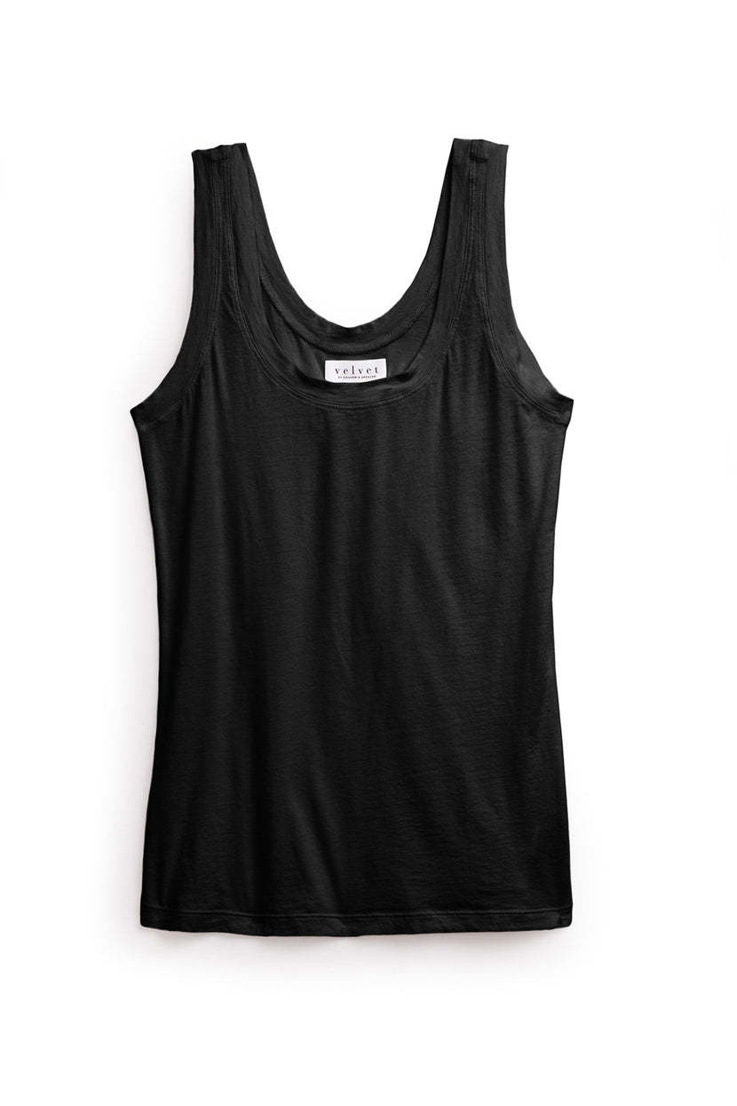 MOSSY TANK TOP by Velvet by Graham & Spencer, a black sleeveless top with a scoop neckline displayed against a white background. This versatile wardrobe addition features a fitted silhouette, making it both stylish and comfortable.