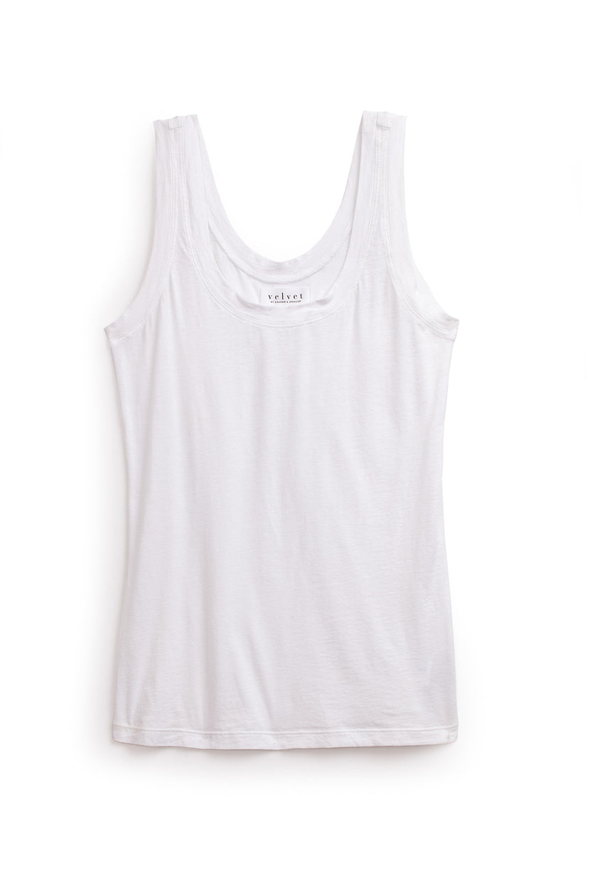 A versatile wardrobe addition, the MOSSY TANK TOP by Velvet by Graham & Spencer features a plain, white design with a scooped neckline, displayed against a white background. Its fitted silhouette ensures both comfort and style.