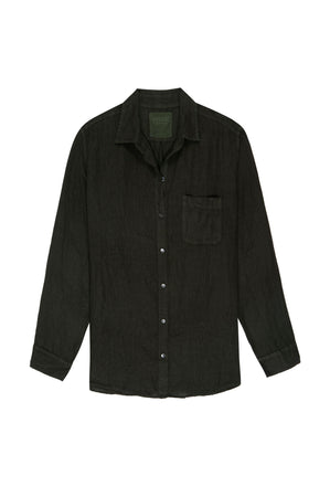 A MULHOLLAND SHIRT by Velvet by Jenny Graham, a black linen button up shirt with a button down collar and relaxed silhouette.