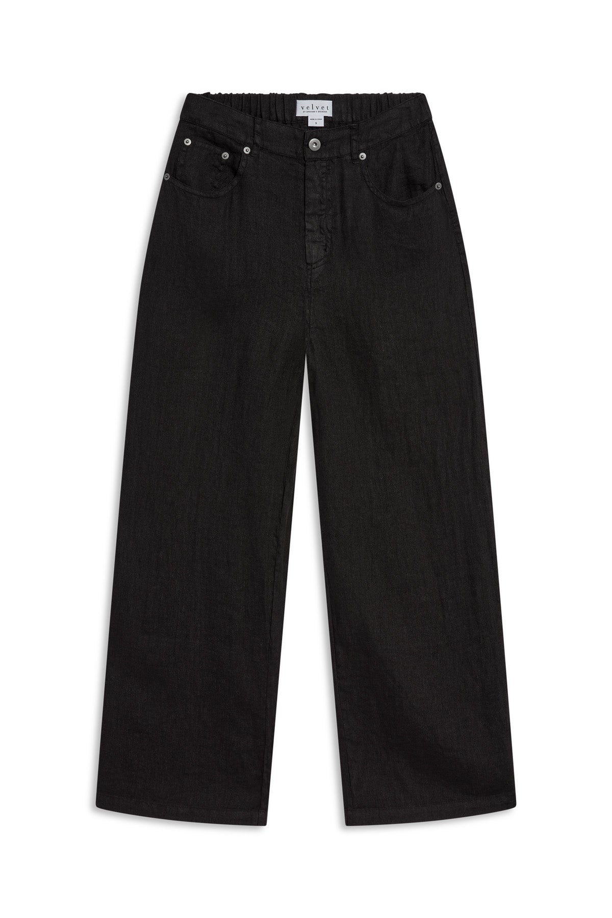 NATALIE LINEN PANT: Black wide-leg linen pants featuring an elasticized waistband, button fly, and five-pocket styling.-46422215753921
