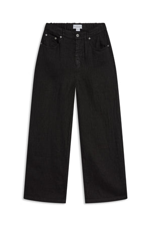 NATALIE LINEN PANT: Black wide-leg linen pants featuring an elasticized waistband, button fly, and five-pocket styling.