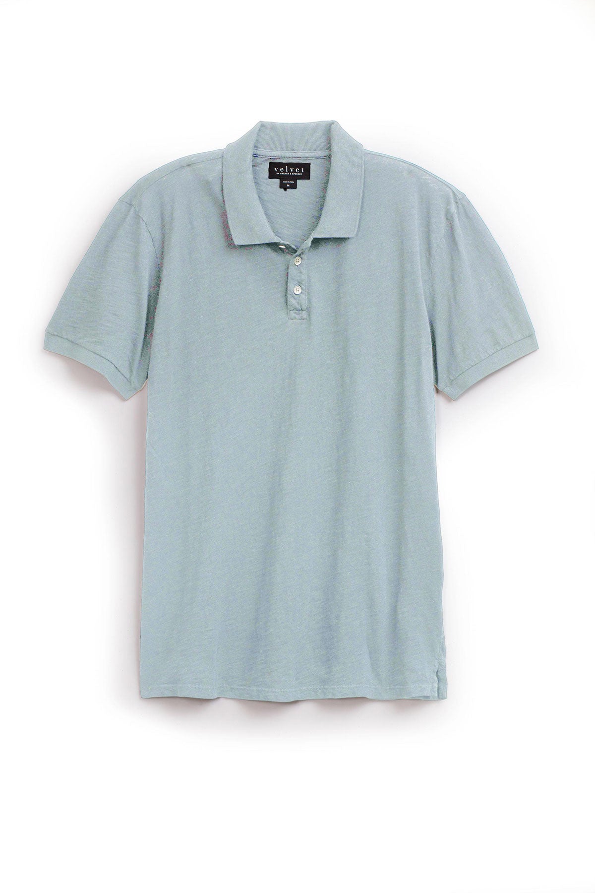 A NIKO POLO by Velvet by Graham & Spencer, a cotton slub polo shirt with a vintage-feel hand silhouette, hanging on a white background.-35783018053825
