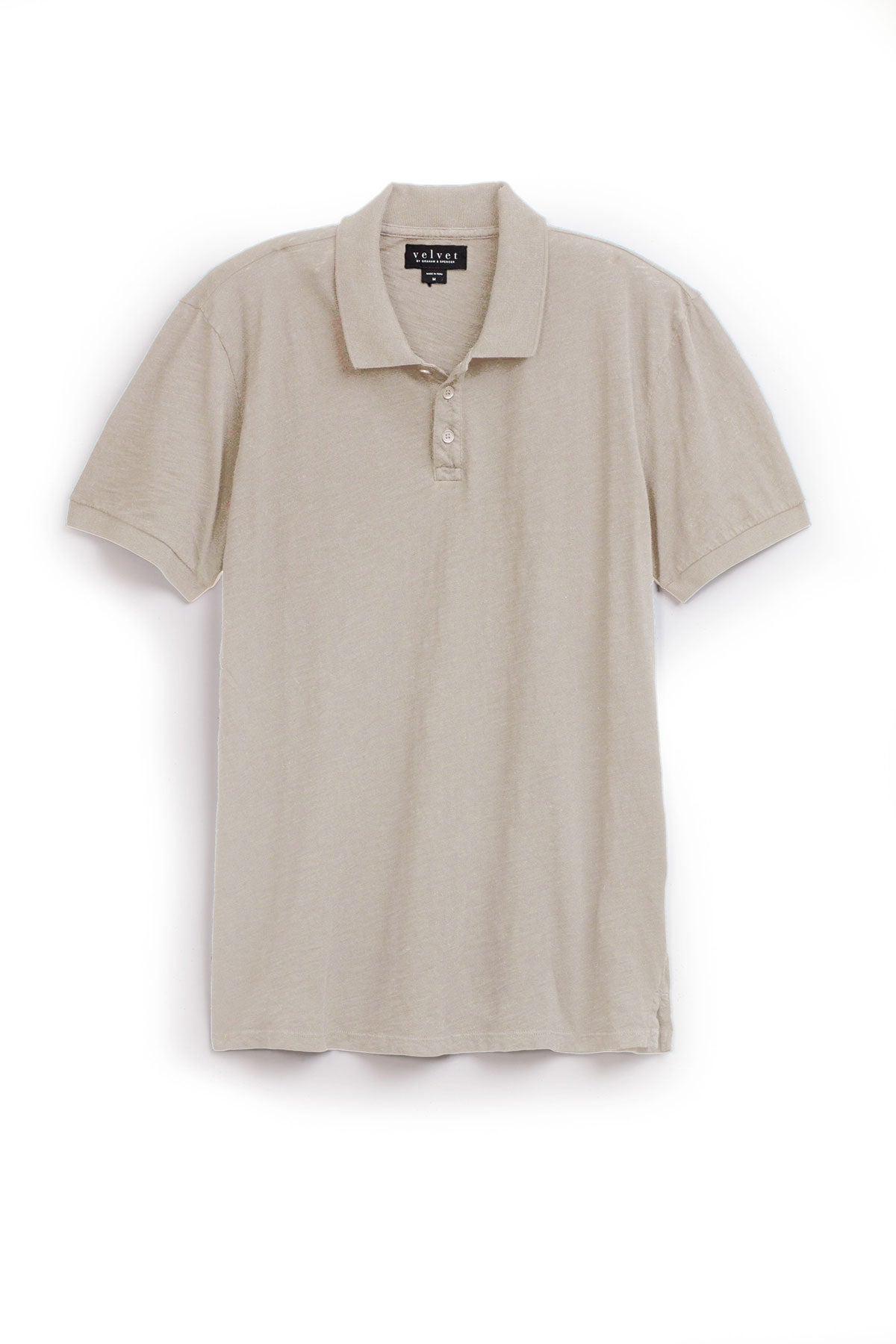   The NIKO POLO by Velvet by Graham & Spencer is a beige short-sleeve polo shirt made from soft Peruvian cotton, featuring a collar and three buttons, shown against a white background. 