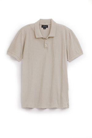 The NIKO POLO by Velvet by Graham & Spencer is a beige short-sleeve polo shirt made from soft Peruvian cotton, featuring a collar and three buttons, shown against a white background.