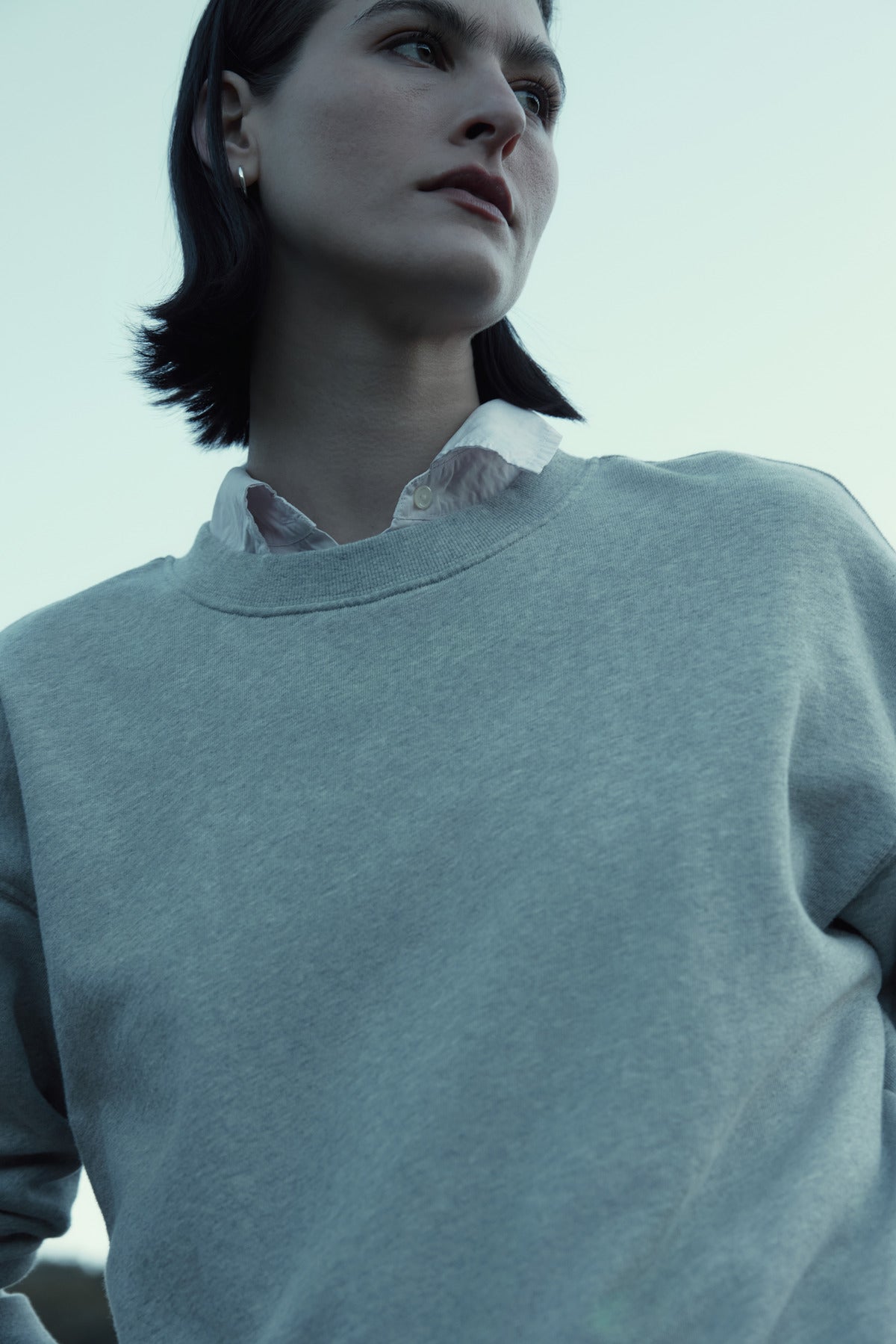   A person with short, dark hair wearing the YNEZ SWEATSHIRT by Velvet by Jenny Graham and a white-collared shirt, gazing into the distance against a pale sky background. 