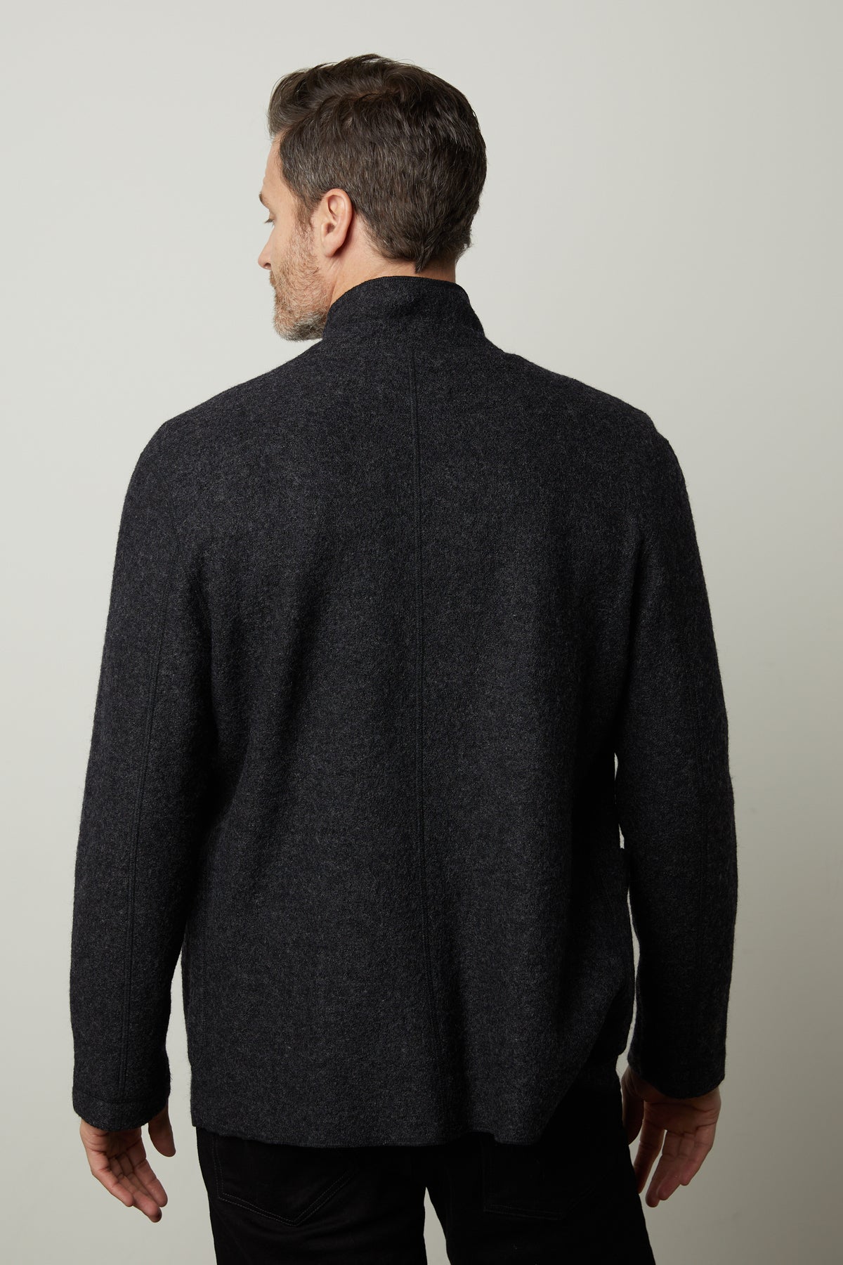   The back view of a man wearing a Velvet by Graham & Spencer BOWEN BOILED WOOL BLEND JACKET. 